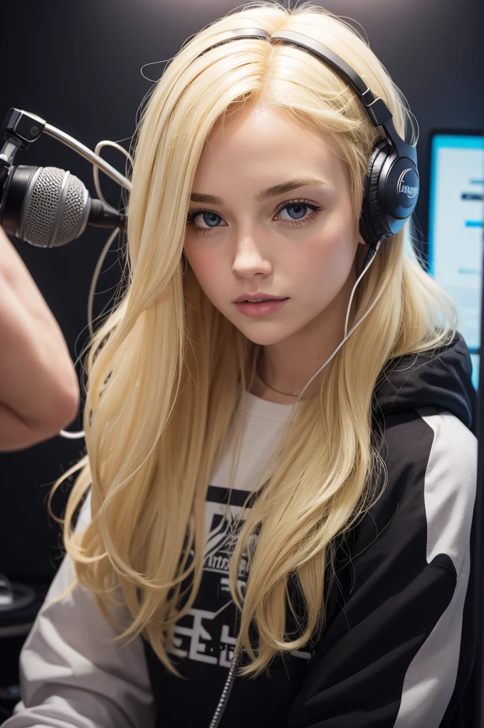  blonde hair in a podcast studio 