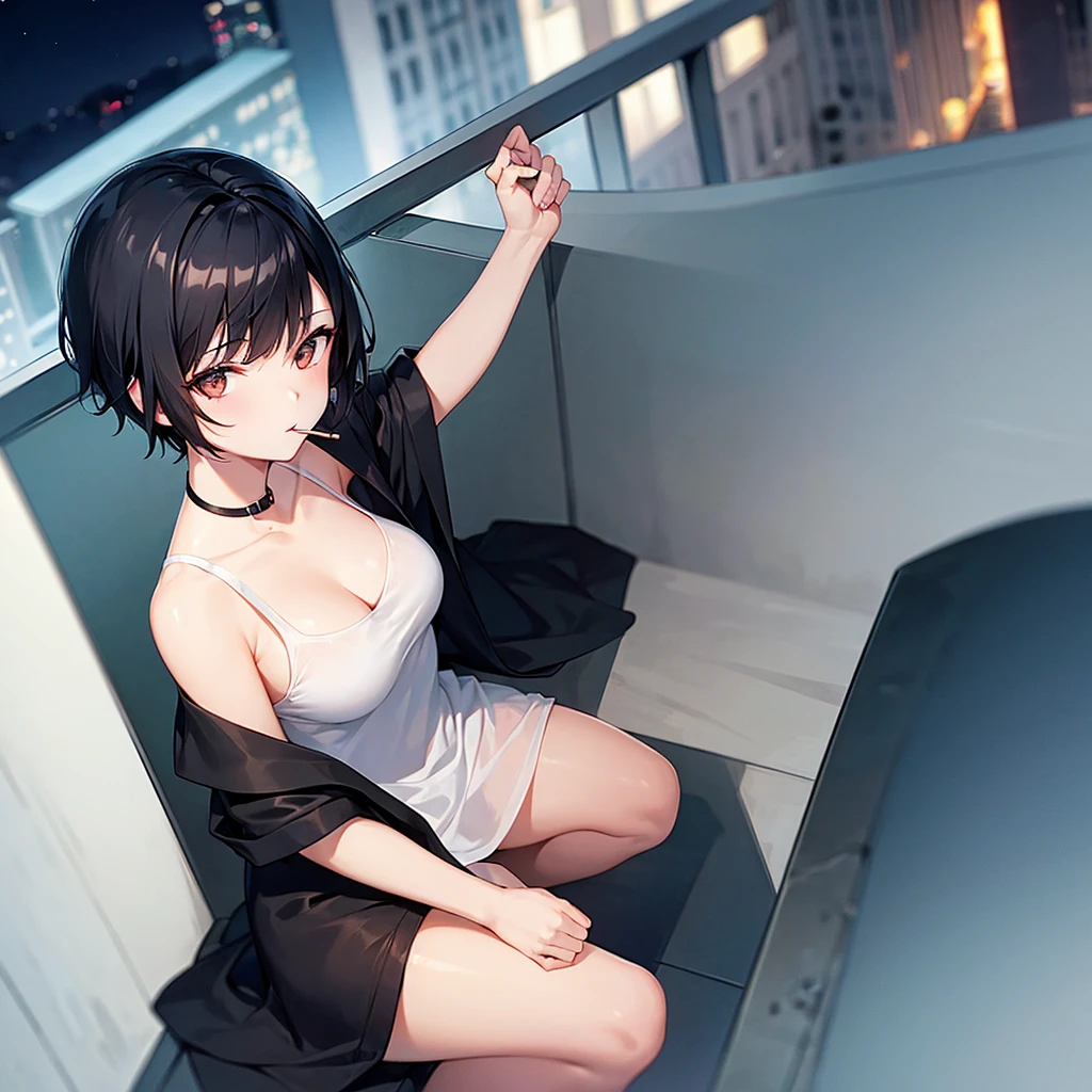 Girl with medium short black hair. At night on a balcony while smoking