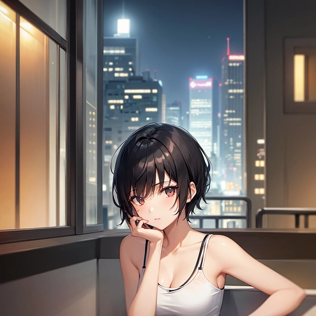 Girl with medium short black hair. At night on a balcony while smoking