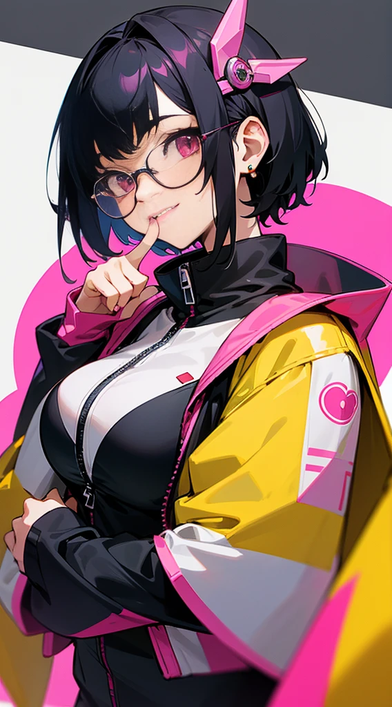 Top Quality, 8K, 4K, High Definition, Detail, (better-quality, 8K, 12), top-quality, 1 girl、only showing her face, she has Black hair, wearing a yellow pin on her right side of her hair, she has her hands together, she looking at you, she is smiling at you, medium breast, her jacket color dark gray with a pink zipper, pink eyes, showing her face and chesat, short hair long as her neck, (only showing half of her body) her jacket is loose. she is wearing earing only right ear shaped has a heart, she has her hand up making a pose, get closer to see up close of her face, she making a pose, she making pose her finger, wearing glasses, japanses face, had smile,