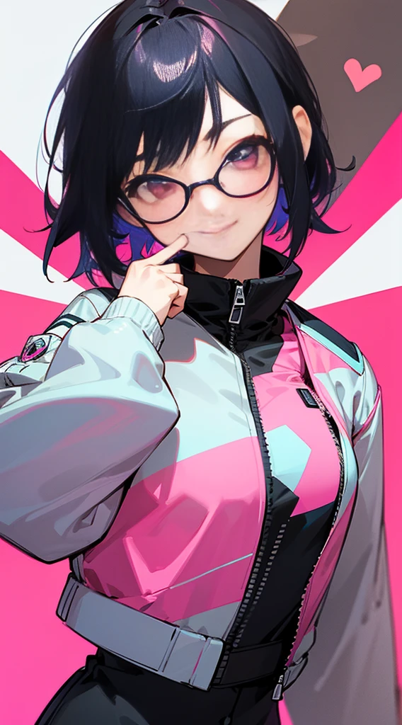 Top Quality, 8K, 4K, High Definition, Detail, (better-quality, 8K, 12), top-quality, 1 girl、only showing her face, she has Black hair, wearing a yellow pin on her right side of her hair, she has her hands together, she looking at you, she is smiling at you, medium breast, her jacket color dark gray with a pink zipper, pink eyes, showing her face and chesat, short hair long as her neck, (only showing half of her body) her jacket is loose. she is wearing earing only right ear shaped has a heart, she has her hand up making a pose, get closer to see up close of her face, she making a pose, she making pose her finger, wearing glasses, japanses face, had smile,