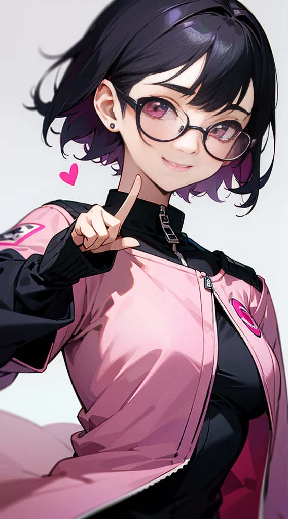 Top Quality, 8K, 4K, High Definition, Detail, (better-quality, 8K, 12), top-quality, 1 girl、only showing her face, she has Black hair, wearing a yellow pin on her right side of her hair, she has her hands together, she looking at you, she is smiling at you, medium breast, her jacket color dark gray with a pink zipper, pink eyes, showing her face and chesat, short hair long as her neck, (only showing half of her body) her jacket is loose. she is wearing earing only right ear shaped has a heart, she has her hand up making a pose, get closer to see up close of her face, she making a pose, she making pose her finger, wearing glasses, japanses face, had smile,