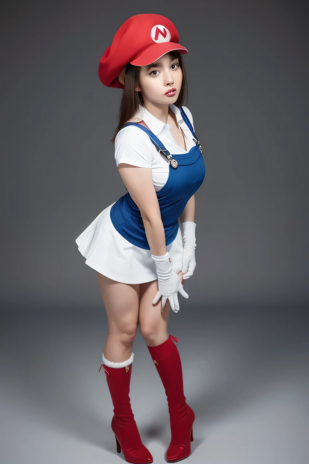 (female Mario), character design, Nintendo Super Mario, (blue eyes, red hat, red suit, blue suspenders, white gloves, )super cute blind box style, chibi, full body, exaggerated expressions and actions, clean background, bright iridescent highlights, studio lighting, atmospheric lighting, with exquisite texture, high detail, high resolution, c4d, 3D, Blender, 8k, best quality, ultra high definition