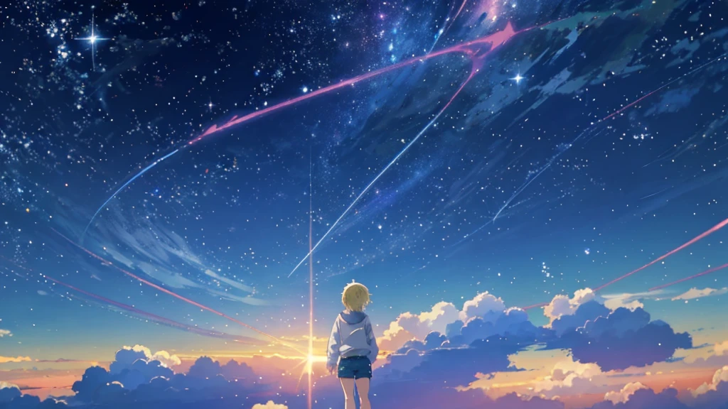 Beautiful sky anime scene with stars and planets, Space Sky. by Makoto Shinkai, anime art wallpaper 4k, anime art wallpaper 4k, Anime Art Wallpapers 8K, anime wallpaper 4k, anime wallpaper 4k, 4k anime wallpaper, Anime Sky, Awesome Wallpapers, Anime Background, Heavenly planets in the background, Anime Background art no humans landscape、Blonde、Shortcuts、Pink hoodie、Denim shorts、Black sneakers、Cat ear