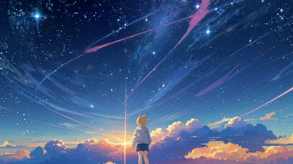 Beautiful sky anime scene with stars and planets, Space Sky. by Makoto Shinkai, anime art wallpaper 4k, anime art wallpaper 4k, Anime Art Wallpapers 8K, anime wallpaper 4k, anime wallpaper 4k, 4k anime wallpaper, Anime Sky, Awesome Wallpapers, Anime Background, Heavenly planets in the background, Anime Background art no humans landscape、Blonde、Shortcuts、Pink hoodie、Denim shorts、Black sneakers、Cat ear