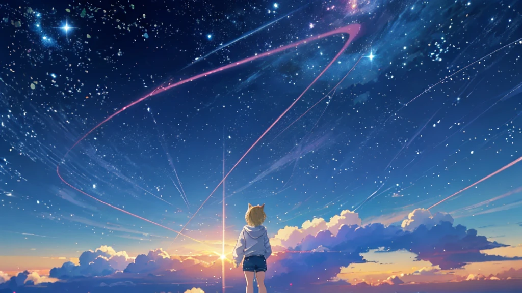 Beautiful sky anime scene with stars and planets, Space Sky. by Makoto Shinkai, anime art wallpaper 4k, anime art wallpaper 4k, Anime Art Wallpapers 8K, anime wallpaper 4k, anime wallpaper 4k, 4k anime wallpaper, Anime Sky, Awesome Wallpapers, Anime Background, Heavenly planets in the background, Anime Background art no humans landscape、Blonde、Shortcuts、Pink hoodie、Denim shorts、Black sneakers、Cat ear