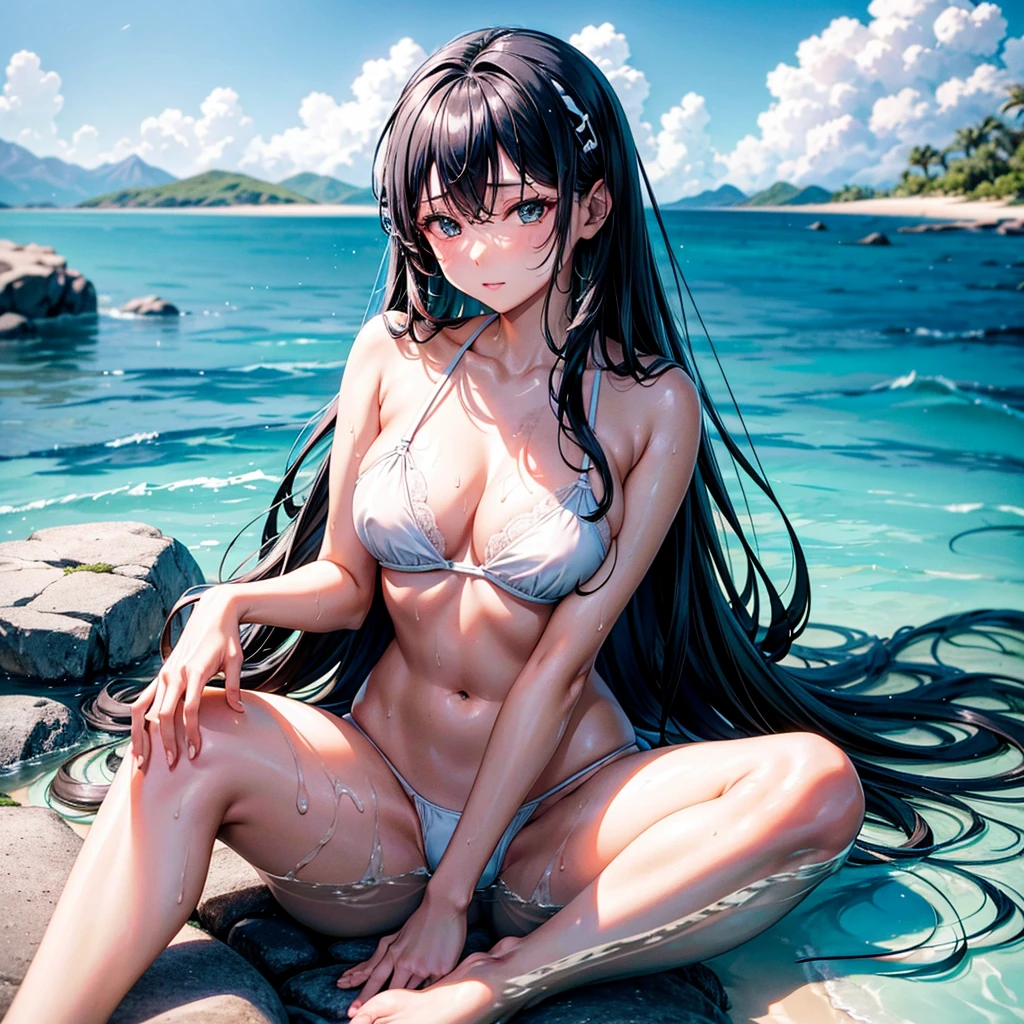 On the shores of a lagoon,Miku Nakano with long black hair, sitting front with legs open, a wet white thong, with a white bra, with a very provocative face.
