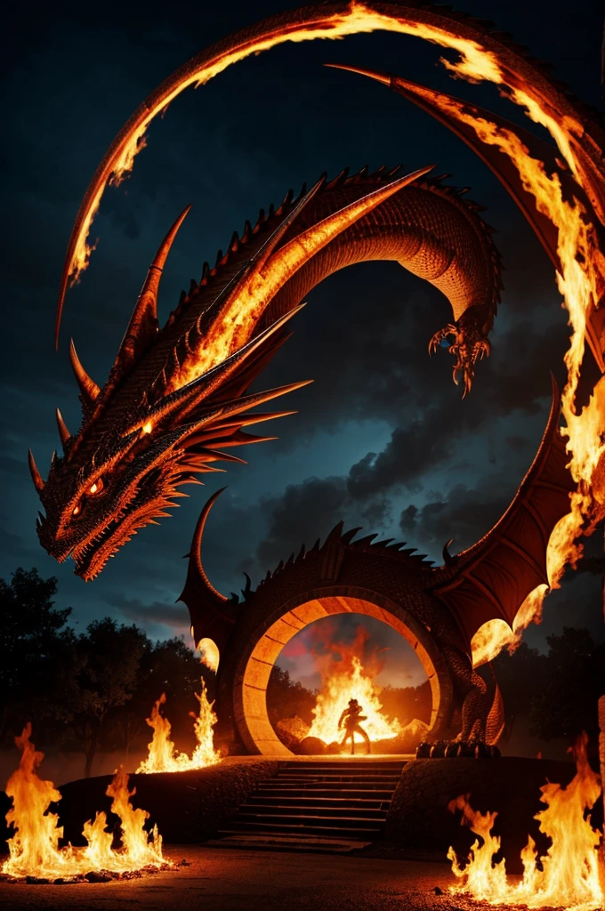 Burning circular portal behind a giant infernal dragon