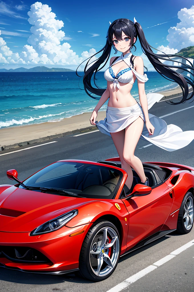 Drive a Ferrari along the beach、Blue long hair、Beautiful girl with twin tails、Bigger in the center、Splash art that makes you feel the wind、Splash、Dynamic Art、blue sky、White cloud、Bright smile、Seagulls are flying