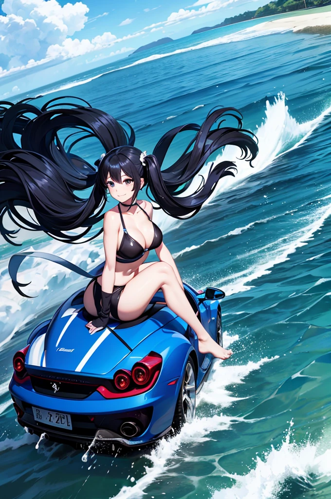 Drive a Ferrari along the beach、Blue long hair、Beautiful girl with twin tails、Bigger in the center、Splash art that makes you feel the wind、Splash、Dynamic Art、blue sky、White cloud、Bright smile、Seagulls are flying