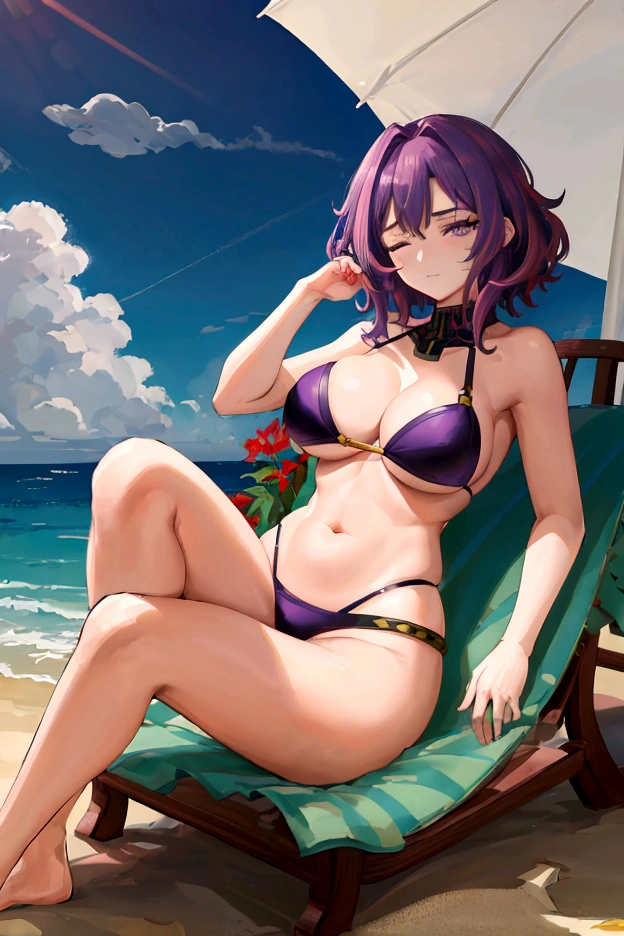 boku no hero academia, lady nagant,1girl short hair purple hair multicolored hair purple eyes purple dress belt,Lady Nagant, a powerful villainess from the League of Villains in My Hero Academia, decides to take a break from her nefarious activities and enjoy some sunbathing time on the beach. She dons a skimpy black bikini that perfectly accentuates her curvy figure and long legs. As she lays down on her chaise longue underneath a large umbrella, her eyes closed peacefully while soaking up the rays. Her blonde hair cascades over one side of her face, adding to her allure. Despite being surrounded by innocent civilians enjoying their day at the shore, nobody seems to notice or recognize this dangerous woman due to clever disguises and concealment techniques mastered by members of the league.