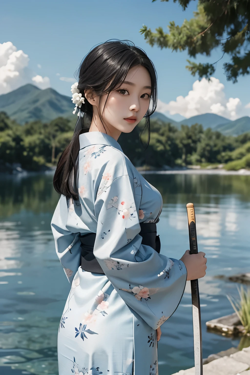 1girl, a 23-year-old Taiwanese beauty, poses solo in a cool and serene outdoor setting. She has long, black hair that cascades down her back, framing her elegant features. She wears a traditional Japanese kimono, its long sleeves billowing in the wind as they sweep past her natural, large breasts. In her hand, she grips a weapon, a Japanese sword with a floral print obi, the sash tied in an intricate knot. The sword's edge glints in the sunlight, reflecting off the water below. The sky above is a beautiful expanse of blue, dotted with white clouds. The water's surface