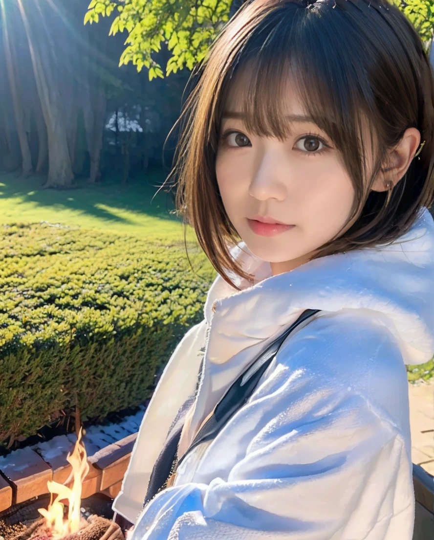 Girl warming herself by the bonfire、Lens flare、Hair blowing in the wind、Medium Short Hair、、Expressing the whiteness of one's breath、Photo from the waist up、Night city illumination shot、Cowgirl Shot、Fur coat、豪華なグレーのミンクのFur coat、Wear fine leather boots、Luxury Bags、Inner turtleneck、Silver necklace and small silver earrings Millionaire style:1.4))、Full body photo、smile、 Caustics、Highly detailed photos、Very beautiful woman 、Ample breasts、No makeup、(8K、RAW Photos、Highest quality、masterpiece:1.2)、(Realistic、Realistic)、1 Girl、((Medium Short Hair、Midwinter、Cold region Snow falling、The wind is blowing、Fluttering Hair、Blur the background、Colorful illuminations、Looking into the camera:1.4))、