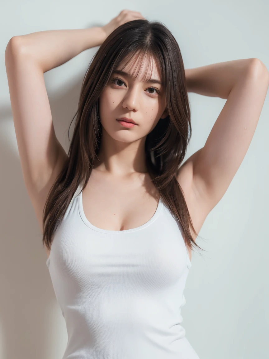 (best quality:1.4), (ultra highres:1.2), (photorealistic:1.4), (16k, RAW photo:1.2),(portrait shot:1.3), bmangpor, 1girl, solo, long hair, brown hair, upper body, white smooth armpits, one arm up, knit tank top,  big breast,