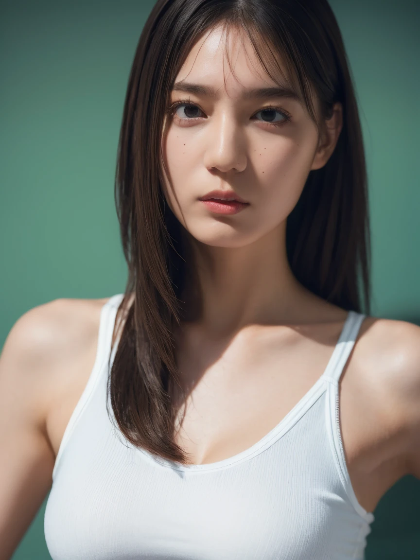 (best quality:1.4), (ultra highres:1.2), (photorealistic:1.4), (16k, RAW photo:1.2),(portrait shot:1.3), bmangpor, 1girl, solo, long hair, brown hair, upper body, white smooth armpits, one arm up, knit tank top, small breast,see through,nipple
