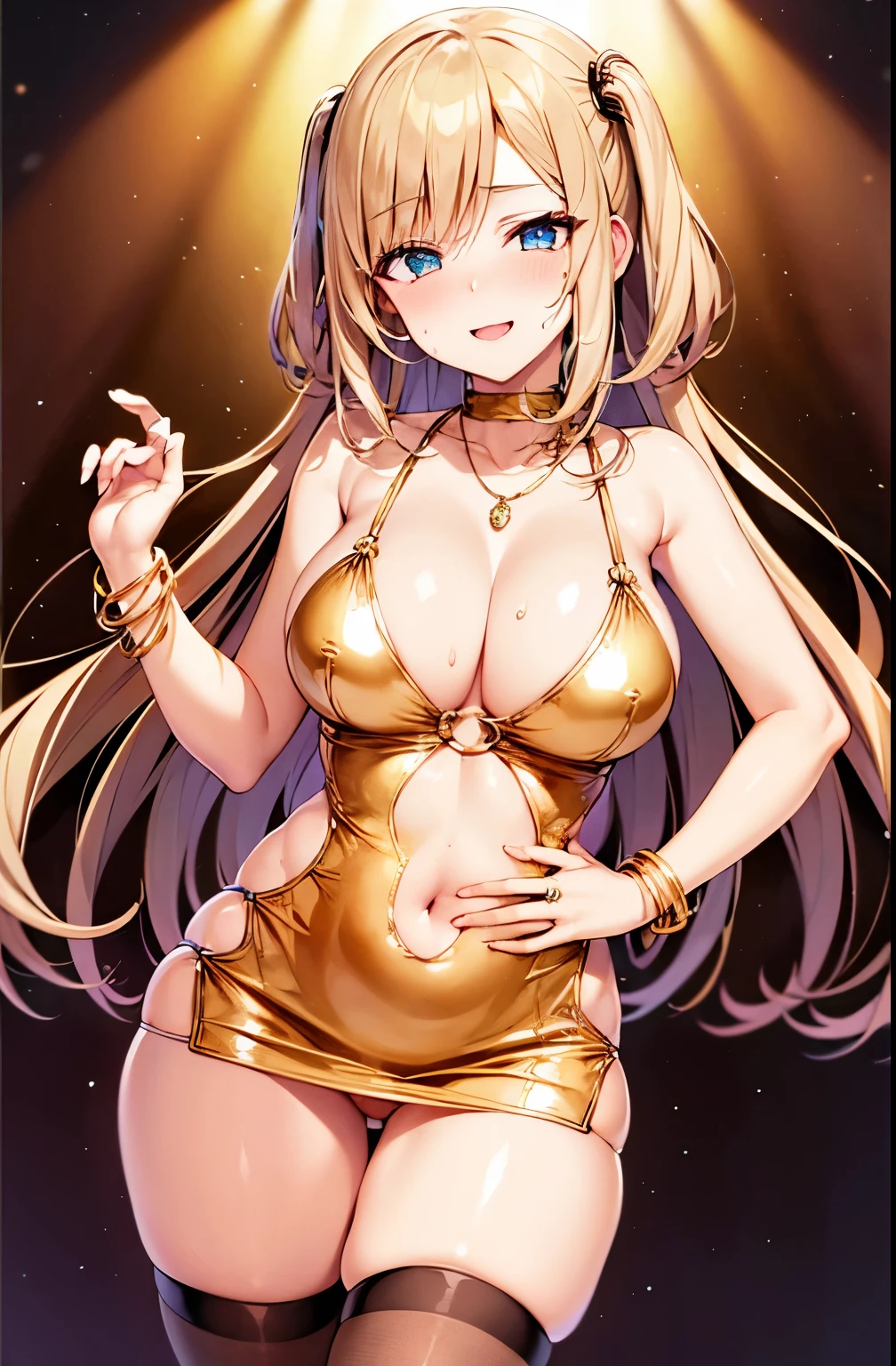 One girl, (alone), Anime girl in dress, Are standing, Micro Dress, Shiny Dress, Elbow hand pockets, belly button, Waist cutout, underwear, mini skirt, Thigh-high socks, O-ring, necklace, bracelet, Golden, jewelry, Cleavage, Detailed face, Face Focus, Beautiful Eyes, Captivating smile, Cowboy Shot, Blonde, Ahegao, looking at the camera, Sweating