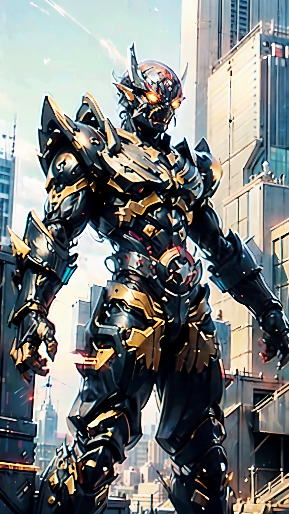 (masterpiece:1.5, best quality:1.5, extremely delicate:1.5, perspective:1.5, foreshortening:1.5, dynamic angle:1.5), a man wearing a full-face helmet, a fantasy-style biotech armored combat suit, green eyes, (a composite layered chest armor), fully enclosed shoulder guards, matching arm and leg guards, the belt is adorned with fangs biting into orbs, (the color scheme is primarily black with red accents), the design balances heavy with agility, a high-tech bio-mecha armor, (Armor Concept Inspired by Bat, stand on the top of a skyscraper in a futuristic sci-fi city), this character embodies a finely crafted fantasy-surreal style armored hero in anime style, exquisite and mature manga art style, (element, plasma, energy, the armor glows), ((male:1.5)), metallic, high definition, highres, ultra-detailed, ultra-fine painting, professional, perfect body proportions, golden ratio, anatomically correct, symmetrical face, extremely detailed eyes and face, high quality eyes, creativity, RAW photo, UHD, 32k, Natural light, cinematic lighting, masterpiece-anatomy-perfect
