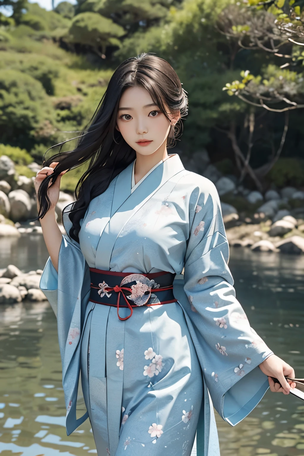 1girl, a 23-year-old Taiwanese beauty, poses solo in a cool and serene outdoor setting. She has long, black hair that cascades down her back, framing her elegant features. She wears a traditional Japanese kimono, its long sleeves billowing in the wind as they sweep past her natural, large breasts. In her hand, she grips a weapon, a Japanese sword with a floral print obi, the sash tied in an intricate knot. The sword's edge glints in the sunlight, reflecting off the water below. The sky above is a beautiful expanse of blue, dotted with white clouds. The water's surface
