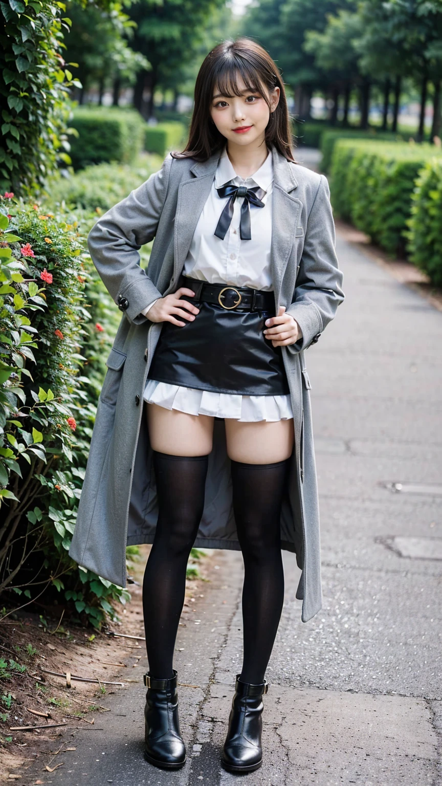 (8K、RAW Photos、Highest quality、masterpiece:1.2)、(Realistic、Realistic)、1 Girl、((Check mini skirt、Long coat、black、Thin legs、whole body、boots、one piece、tights、garden、View from the front、smile、Looking into the camera、belt、Stand with hands on hips))、cute