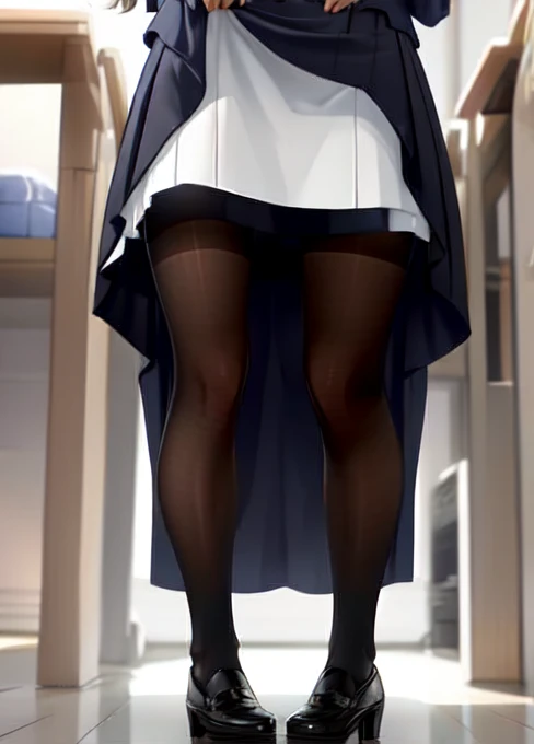 Full body photo of a beautiful caucasian sexy secretary, with an extremely short skirt and pantyhose. is standing still, ((独奏)), grown-up, in the office, highheels, craves sex