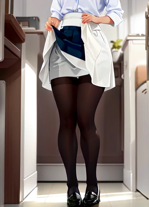 Full body photo of a beautiful caucasian sexy secretary, with an extremely short skirt and pantyhose. is standing still, ((独奏)), grown-up, in the office, highheels, craves sex