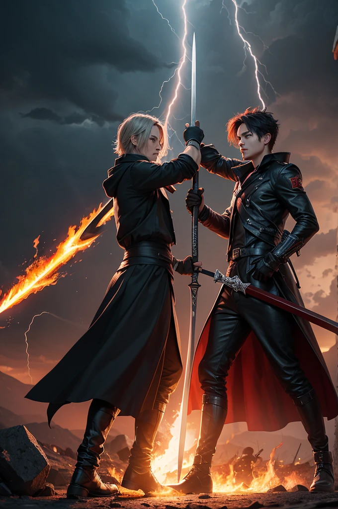 Create an image of two men, one with a scythe of fire and the other with a sword of lightning, fighting each other