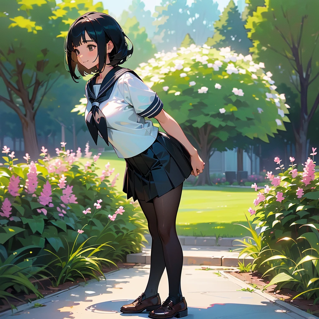 (Highest quality, High resolution, Super detailed, Realistic:1.37), Peaceful atmosphere, (Outdoor, garden), age girl standing alone,(my breasts are big.),Beautifully detailed features, Cute Smile, ((Black bob hair)),Short-sleeved sailor uniform, Pleated skirt,Black tights,Brown leather shoes.