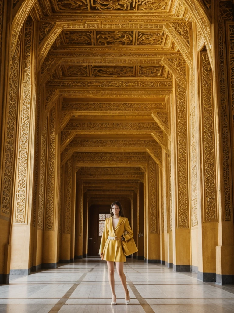 her name is Asako, high quality, 1girl, ((20-year-old fit Caucasian woman)), ((20 years old)), ((slim)), ((Wavy Bob)), pose: standing, wearing stylish fashionable Generation-Z modern wear bright colored, BACKGROUND: Exploring the grandeur of the Hall of Supreme Harmony in the Forbidden City, with its gilded throne, intricate dragon carvings, and vast, column-lined space.