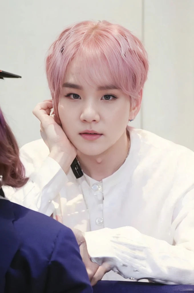 Mi Yoongi from BTS, very beautiful pink hair, pompous lips and very beautiful big eyes, pale skin