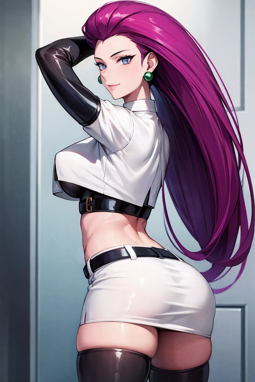 Masterpiece, stunning realistic, best quality, sharpness, 1 girl ,jessie pokemon, solo, team rocket, gloves, hair slicked back, long hair, jewelry, skirt, navel, thighhighs, earrings, elbow gloves, team rocket uniform, crop top, blue eyes, midriff, white background, belt, black gloves, very long hair, simple background, smile, black thighhighs, purple hair, looking at viewer, breasts, white skirt, miniskirt,large breasts,standing in a city,arms behind head ,back view,view on ass,focus on ass