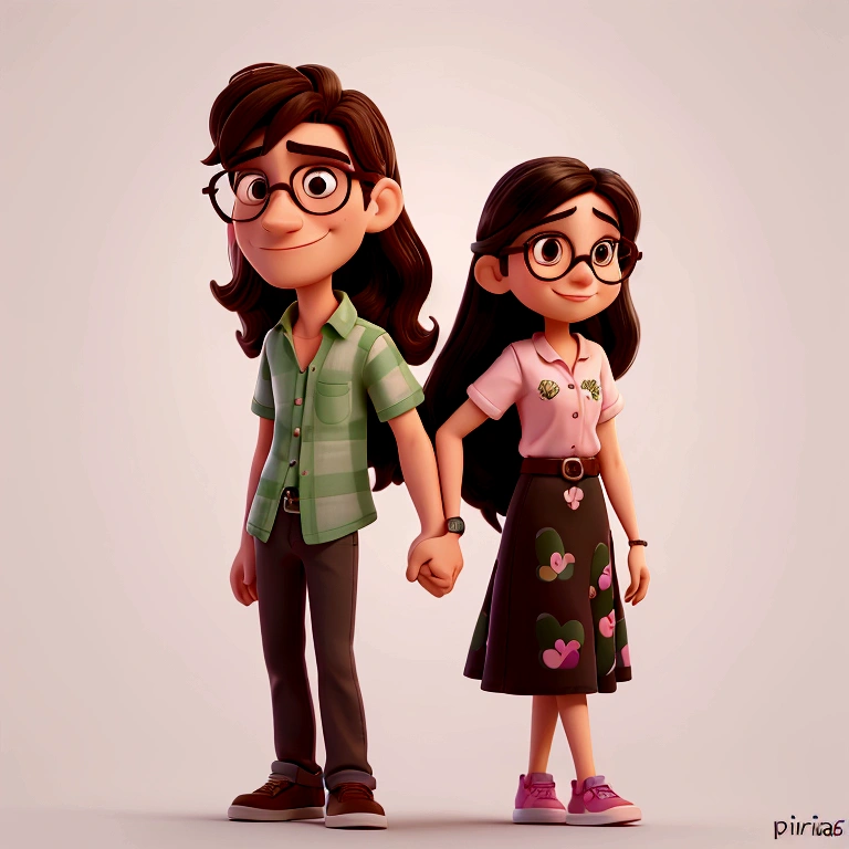 ((PivaArtes)) Create a high quality 2D Pixar Disney cartoon portrait of a man and a woman, a happy couple, the woman with long black hair and brown eyes, man with short hair, wears black prescription glasses and pink shirt, woman with white strap shirt with green embroidery details.