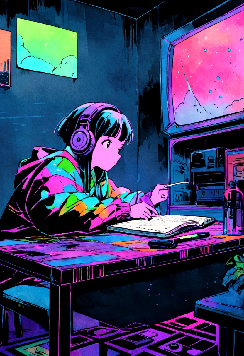 (zero), Girl studying in room, Reading a book, Wear headphones, , night lighting, Neon scenery on a rainy day,Analog Color Theme, Lo-fi Hip Hop , review, flat, 2.5D ,Draw a line, Ink painting, Large slope, Watercolor, Goosh Colors, Studio Ghibli style, Great colorful, Outerton, Synthwave, Lofi Art,90s Style,Old Texture, amplitude,90s vibe, Tabletop, Great technology, 16:9 Scale