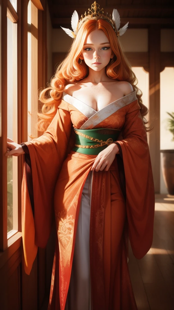 Young princess, striking figure, long flowing ginger hair, wavy hairs, fair skin, freckles, kolito, innocent and regal appearance, expressive green eyes are filled with a mix of curiosity and determination, her slender frame, elegant grace, vibrant orange kimono with white and black decorations, very long ((sleeves past fingers)), sleeves past wrists, cleavage, feather headdress