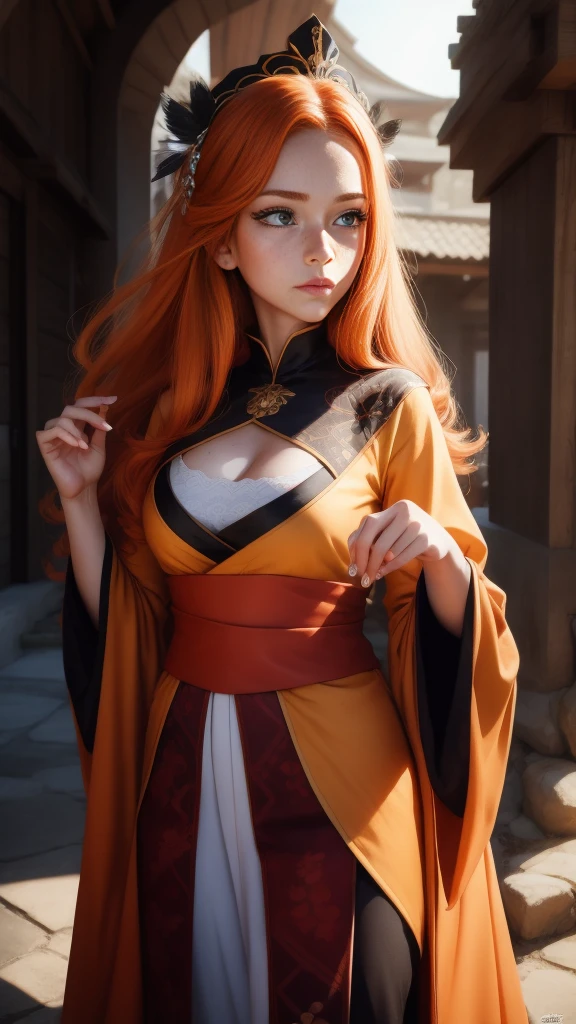 Young princess, striking figure, long flowing ginger hair, wavy hairs, fair skin, freckles, kolito, innocent and regal appearance, expressive green eyes are filled with a mix of curiosity and determination, her slender frame, elegant grace, vibrant orange kimono with white and black decorations, very long ((sleeves past fingers)), sleeves past wrists, cleavage, feather headdress