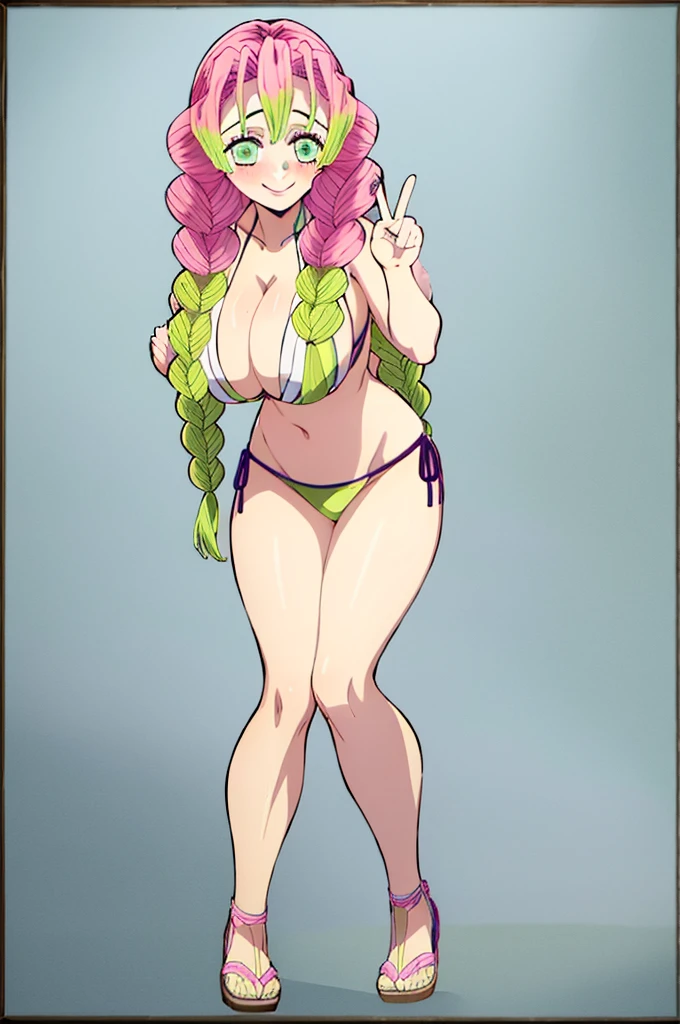 (masterpiece, best quality),  intricate details,
MitsuriKanroji, kanroji mitsuri, 1girl, solo, long hair, winking, green eyes, pink hair, green hair, twin braids, smile, cute smile, blushed smile, blush, blushing, large breast, huge breasts, bikini top, collarbone, neck, bare shoulders, yellow bikini top, cleavage, full body, long legs, cowboy shot, plain background, white background, photoshoot, perfect shot, perfect framing, full body shot, hands behind head, peace sign