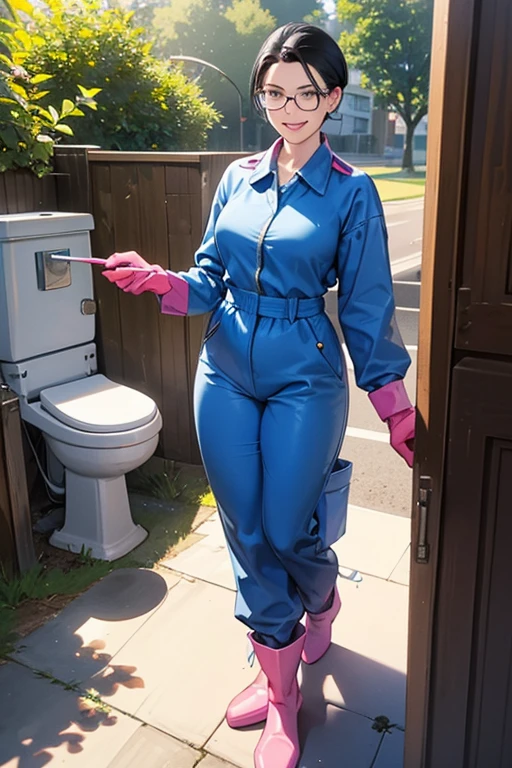 A mature woman with short black hair slicked back and wearing glasses and a blue long-sleeved jumpsuit is cleaning a dirty public toilet in a park while wearing large pink rubber gloves and white rubber boots and smiling gently.