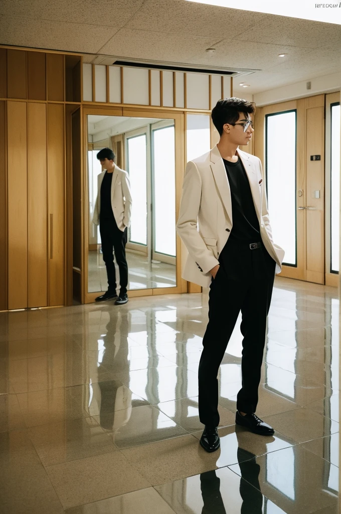 generate for me an illustration of a man present in two worlds simultaneously (the virtual world and the real world), nous voyons les deux côtés d'un miroir, they both dressed and are identical, one of them wants to touch his reflection