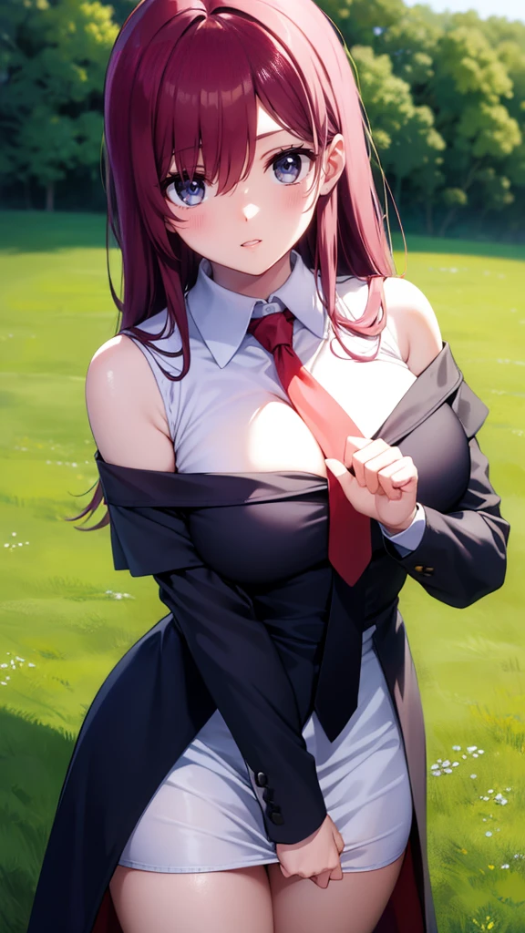 mashkyrielight, mash kyrielight, glasses, hair between eyes, hair over one eye, (purple eyes:1.1), red hair, long hair, big breast
BREAK hood, shirt, collared shirt, white collar, black shirt, necktie, red necktie, sleeveless, off shoulder, cleavage
BREAK looking at viewers, in a green field wit bright sky, full body veiw, girly pose,
BREAK (masterpiece:1.2), best quality, high resolution, unity 8k wallpaper, (illustration:0.8), (beautiful detailed eyes:1.6), extremely detailed face, perfect lighting, extremely detailed CG, (perfect hands, perfect anatomy),