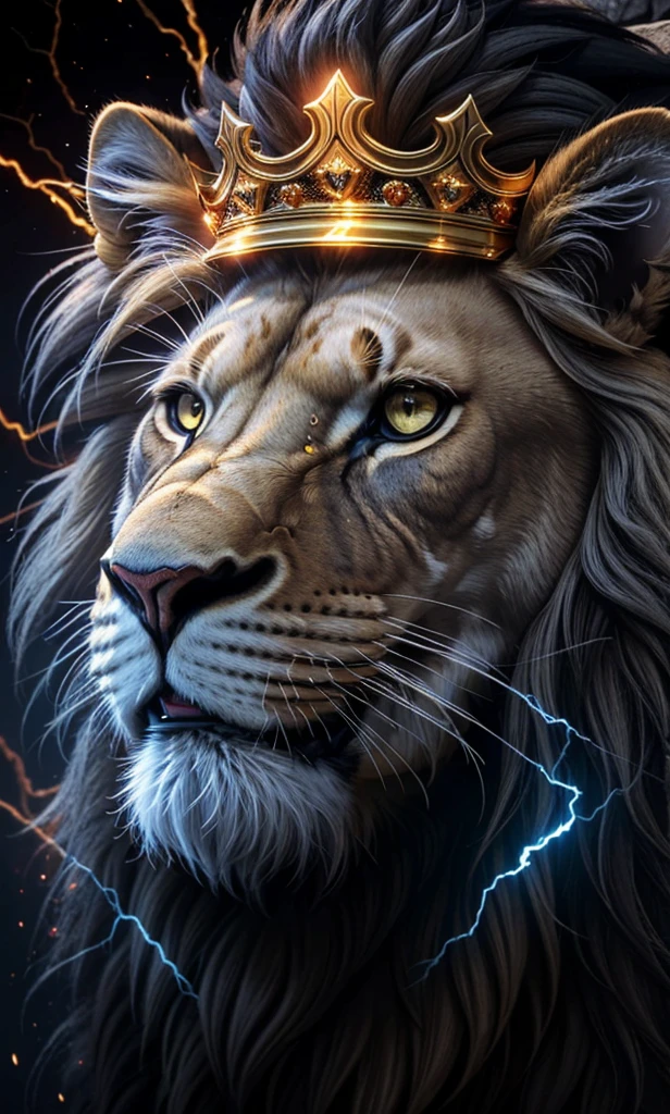 Lion, Divine Lion, naturals, naturals, ferocious, masculine, mighty, golden lion, King crown, King, golden crown, Realistic crown, Powerful Lion, Beautiful nature, Great Realistic Lion, FullHD 8K, Sky ligh, Sunset Night, Ligh Sky Sun, Balck Golden, gold color, Divine gold, Golden Light, black andwhite, black and gold, detailed realistic face, 8K Detailed Realistic White Lion, Ultrarealistic 8k |, Energia de thunder realista detalhada, Strong Creature realista detalhada, Strong Creature, Lion macho, Rendering, Fotorrealista 8K, UltraHD Alta definição 8K, Detailed Realistic 16K, Nitidez Fotorrealista 8K, 16K photorealistic textures, Contraste Fotorrealista 8K, Sombras Fotorrealistas 8K, Luzes Fotorrealistas 8K, Detailed realistic sunset, Detailed Realistic Lion Face, Detailed realistic light, detailed textures, thunder, detailed shadows, detailed colors, Celestial Electricity, Golden thunder, Lion realista, Ultra Realistic 16K, Realistic 16K, Realistic 16K sharpness, 16K photorealistic textures, 16K realistic colors, powerful creature, Majestic power, Power of Heaven, Great Divine, detailed contrast, realistic contrast, high resolution, detailed colors, fire, villany, divine creature, 8K, realistic detailed, 16K, 8K, High definition, detailed contrast, realistic contrast, high resolution, detailed colors, fire, villany, divine creature, realistic detailed, posh, chic