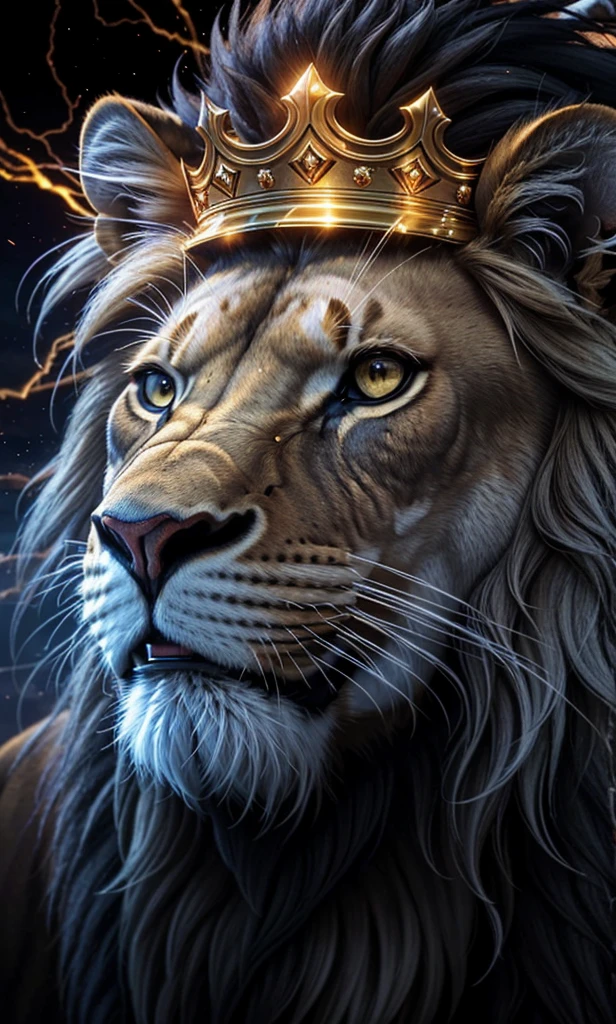 Lion, Divine Lion, naturals, naturals, ferocious, masculine, mighty, golden lion, King crown, King, golden crown, Realistic crown, Powerful Lion, Beautiful nature, Great Realistic Lion, FullHD 8K, Sky ligh, Sunset Night, Ligh Sky Sun, Balck Golden, gold color, Divine gold, Golden Light, black andwhite, black and gold, detailed realistic face, 8K Detailed Realistic White Lion, Ultrarealistic 8k |, Energia de thunder realista detalhada, Strong Creature realista detalhada, Strong Creature, Lion macho, Rendering, Fotorrealista 8K, UltraHD Alta definição 8K, Detailed Realistic 16K, Nitidez Fotorrealista 8K, 16K photorealistic textures, Contraste Fotorrealista 8K, Sombras Fotorrealistas 8K, Luzes Fotorrealistas 8K, Detailed realistic sunset, Detailed Realistic Lion Face, Detailed realistic light, detailed textures, thunder, detailed shadows, detailed colors, Celestial Electricity, Golden thunder, Lion realista, Ultra Realistic 16K, Realistic 16K, Realistic 16K sharpness, 16K photorealistic textures, 16K realistic colors, powerful creature, Majestic power, Power of Heaven, Great Divine, detailed contrast, realistic contrast, high resolution, detailed colors, fire, villany, divine creature, 8K, realistic detailed, 16K, 8K, High definition, detailed contrast, realistic contrast, high resolution, detailed colors, fire, villany, divine creature, realistic detailed, posh, chic