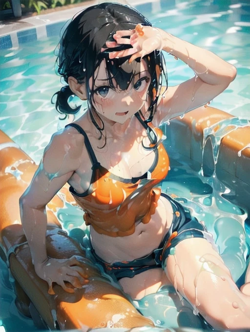 (Soaked with slimy liquid:1.6),Orange swimsuit(((Orange camisole)),Navy blue piping),(Navy blue shorts),Black Hair,(A pool of slimy liquid:1.2),(Leaning forward pose:1.6),