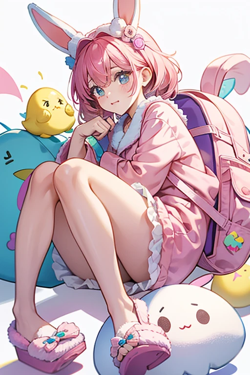 Her outfit is based on Peeps candy. She has a Peep-shaped eye mask and Peep shaped backpack. Her slippers have little bunny ears. She is wearing a robe and pajamas.  SPARKLE; GLITTER