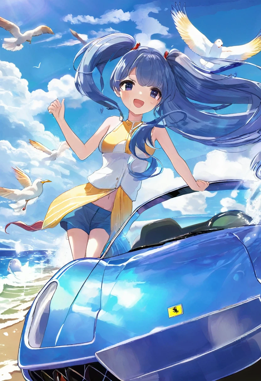 Drive a Ferrari along the beach、Blue long hair、Beautiful girl with twin tails、Bigger in the center、Splash art that makes you feel the wind、Splash、Dynamic Art、blue sky、White cloud、Bright smile、Seagulls are flying