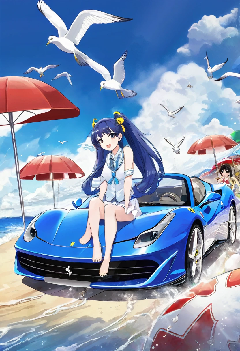 Drive a Ferrari along the beach、Blue long hair、Beautiful girl with twin tails、Bigger in the center、Splash art that makes you feel the wind、Splash、Dynamic Art、blue sky、White cloud、Bright smile、Seagulls are flying