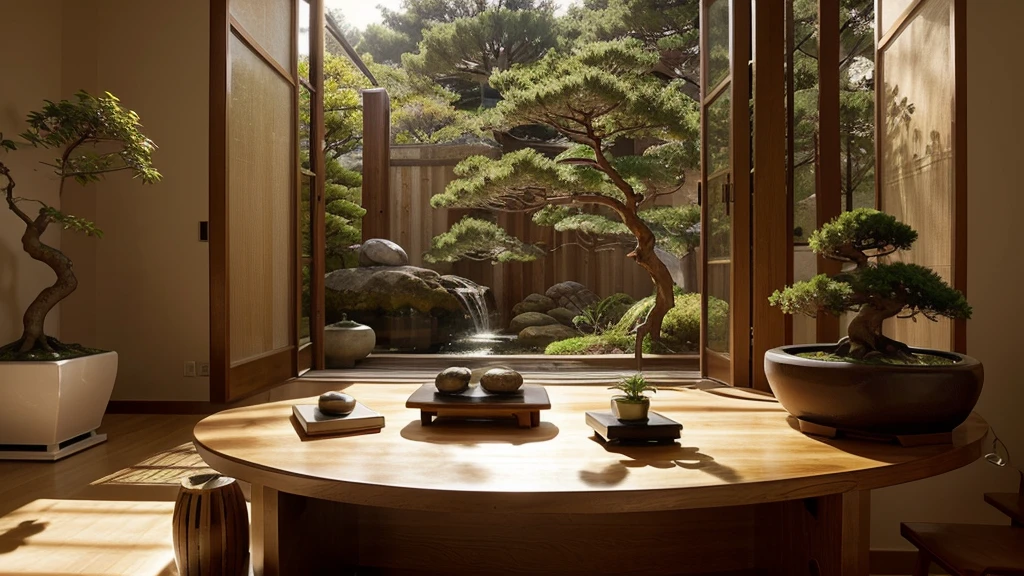 Minimalist Zen Den: A sleek, light-filled workspace with a large, curved wooden desk dominating the center. Natural light streams through a vast window showcasing a meticulously designed rock garden. A bonsai tree sits beside a modern lamp casting a warm glow on open notebooks and a stylish mug.