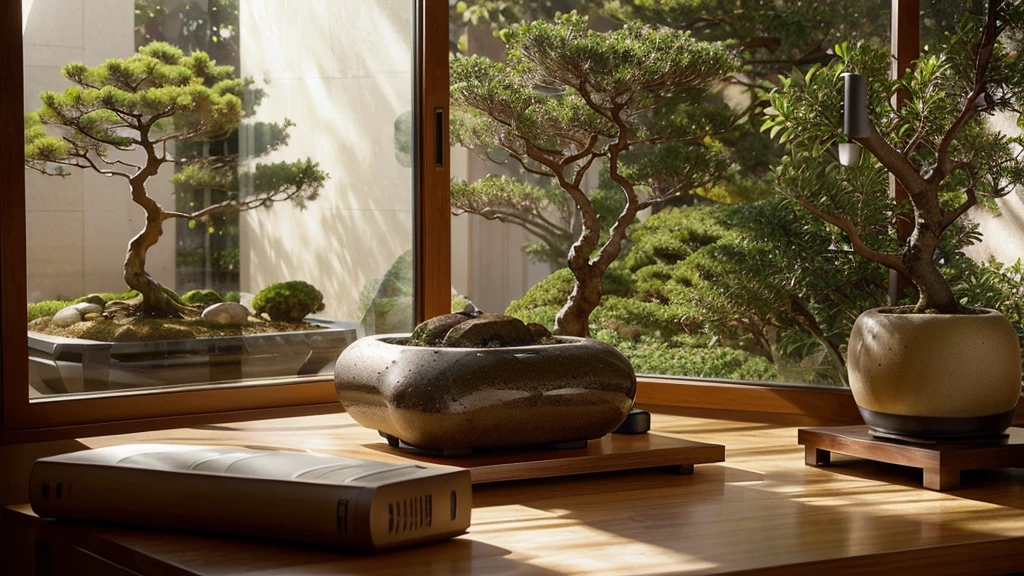 Minimalist Zen Den: A sleek, light-filled workspace with a large, curved wooden desk dominating the center. Natural light streams through a vast window showcasing a meticulously designed rock garden. A bonsai tree sits beside a modern lamp casting a warm glow on open notebooks and a stylish mug.