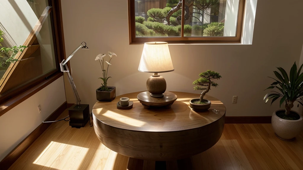 Minimalist Zen Den: A sleek, light-filled workspace with a large, curved wooden desk dominating the center. Natural light streams through a vast window showcasing a meticulously designed rock garden. A bonsai tree sits beside a modern lamp casting a warm glow on open notebooks and a stylish mug.