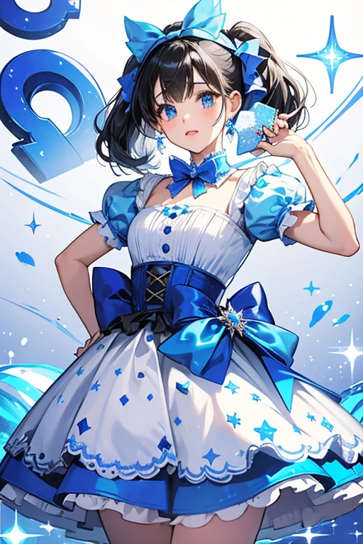 Her outfit is based off a cookies and cream Hershey's Kiss. She has a blue bow with small Kisses on it. Her outfit is blue with white cookies printed. SPARKLE; GLITTER