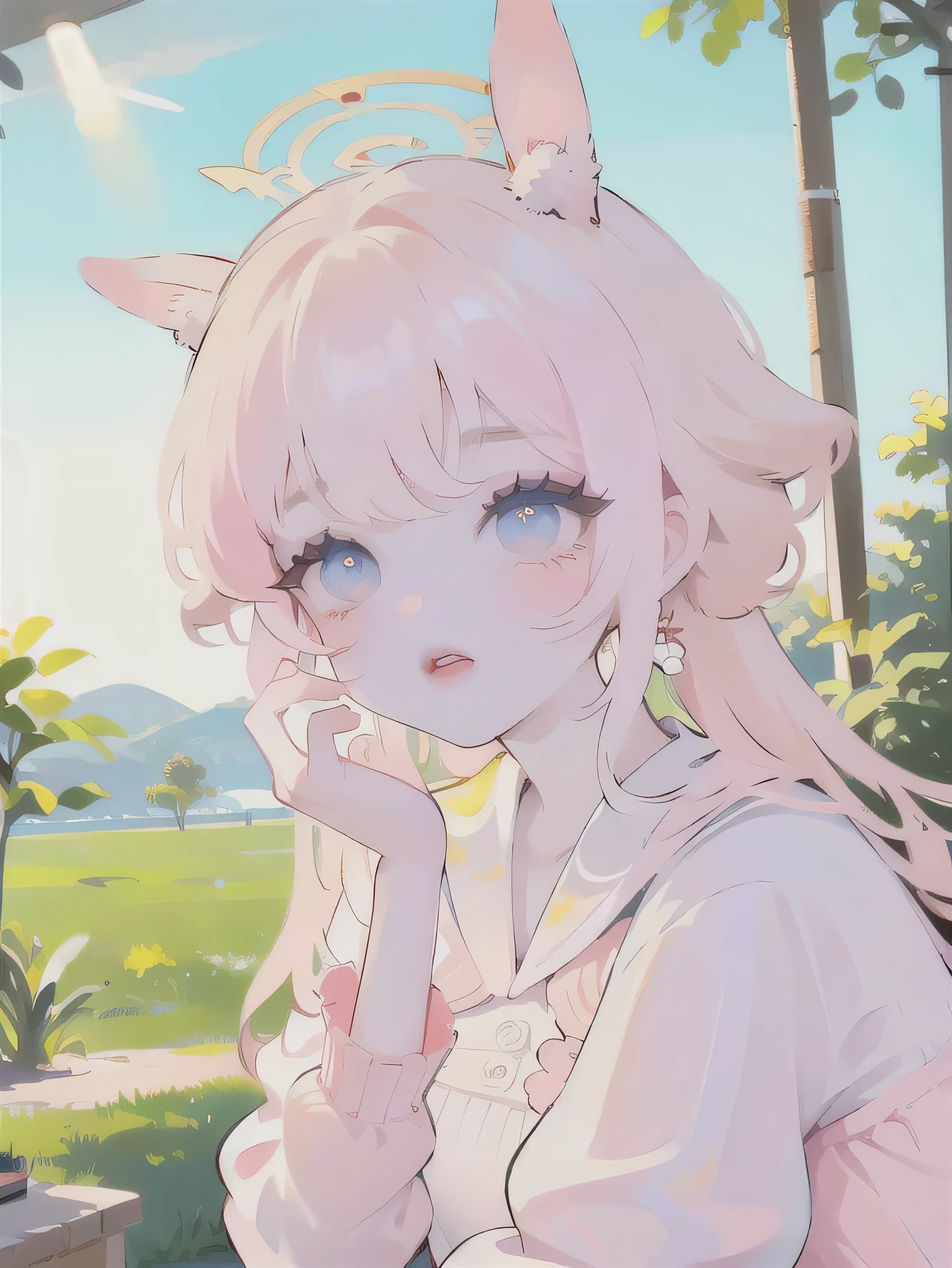 (high quality) (best quality) (a woman) (correct physiognomy) (perfect students) (perfect eyes) anime woman, deep pink, long and fluffy hair, two rabbit ears coming out of her head, blue eyes, lips sensitive, feminine appearance, soft facial features, thin eyebrows, soft skin, rosy cheeks, pink lips, silky eyelashes, dreamy expression, middle age, youthful clothing, print sweatshirt, photo illuminated by sunlight, Woman sitting on forest.