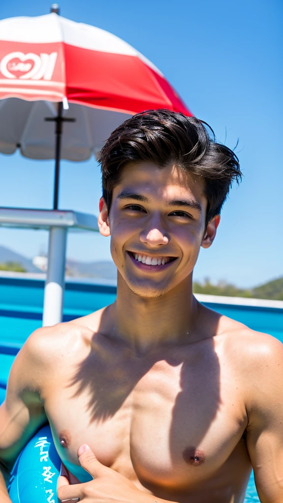 male Age 19 swimwear lifeguard topless smile